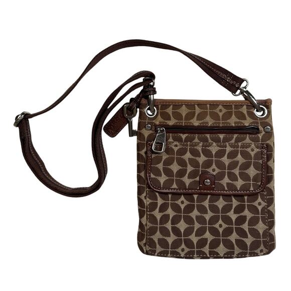 Fossil Signature Marlow Crossbody Bag Brown Floral Leather Trim Fabric 8.5"x9" - Picture 1 of 13